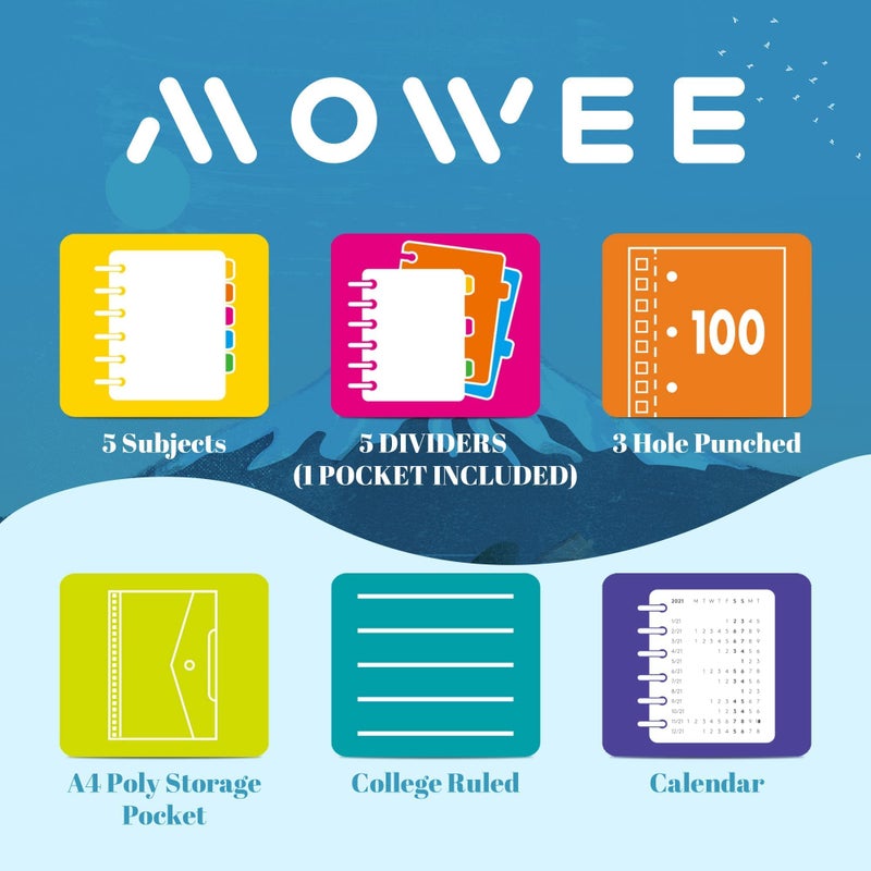 دفتر ملاحظات حلزوني من MOWEE - دفتر ملاحظات بخمسة أقسام، دفتر ملاحظات مسطر بثلاثة ثقوب مع فواصل، جيوب تخزين، مسطرة 11 بوصة، 200 صفحة، للكتابة اليومية، للمنزل والمكتب، لوازم مدرسية (أسود) - Image 4